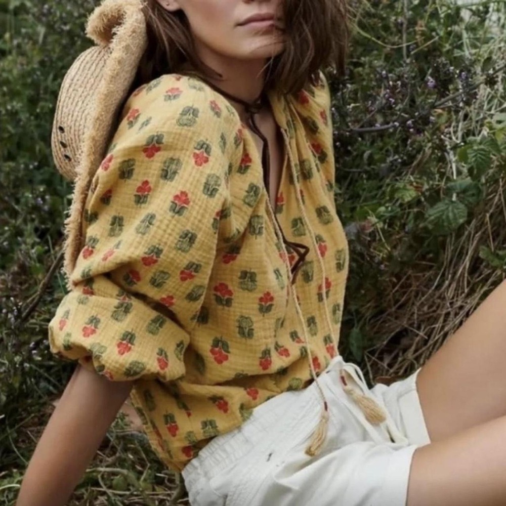 Anthropologie Porridge Elisabeth Prairie Peasant Blouse Mustard Floral Cotton M